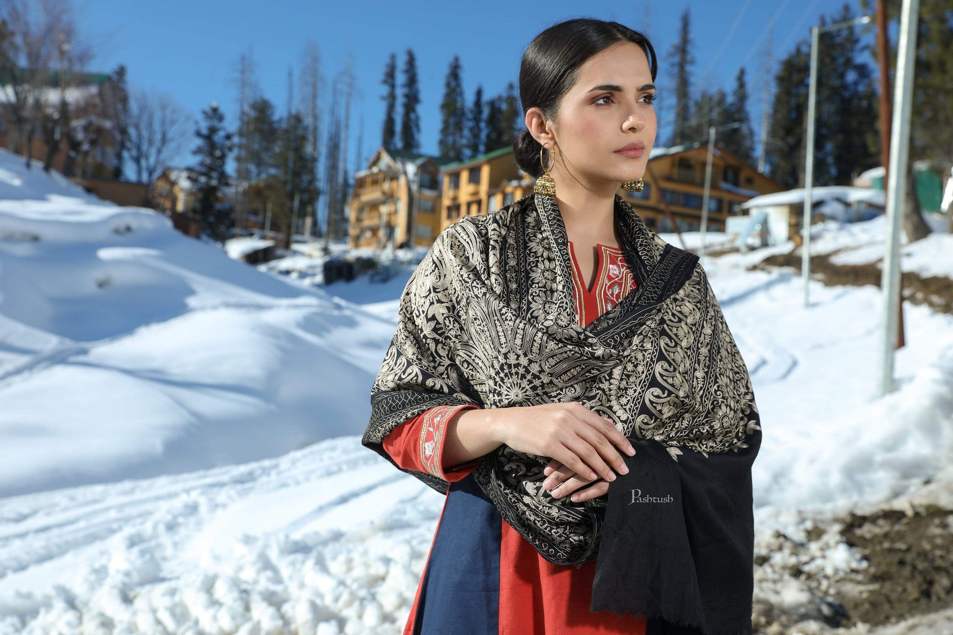 Pashtush India 70x200 Pashtush Tres Chic Regal Collection, Soft Wool Embroidery Nalki Shawl Scarf, Black