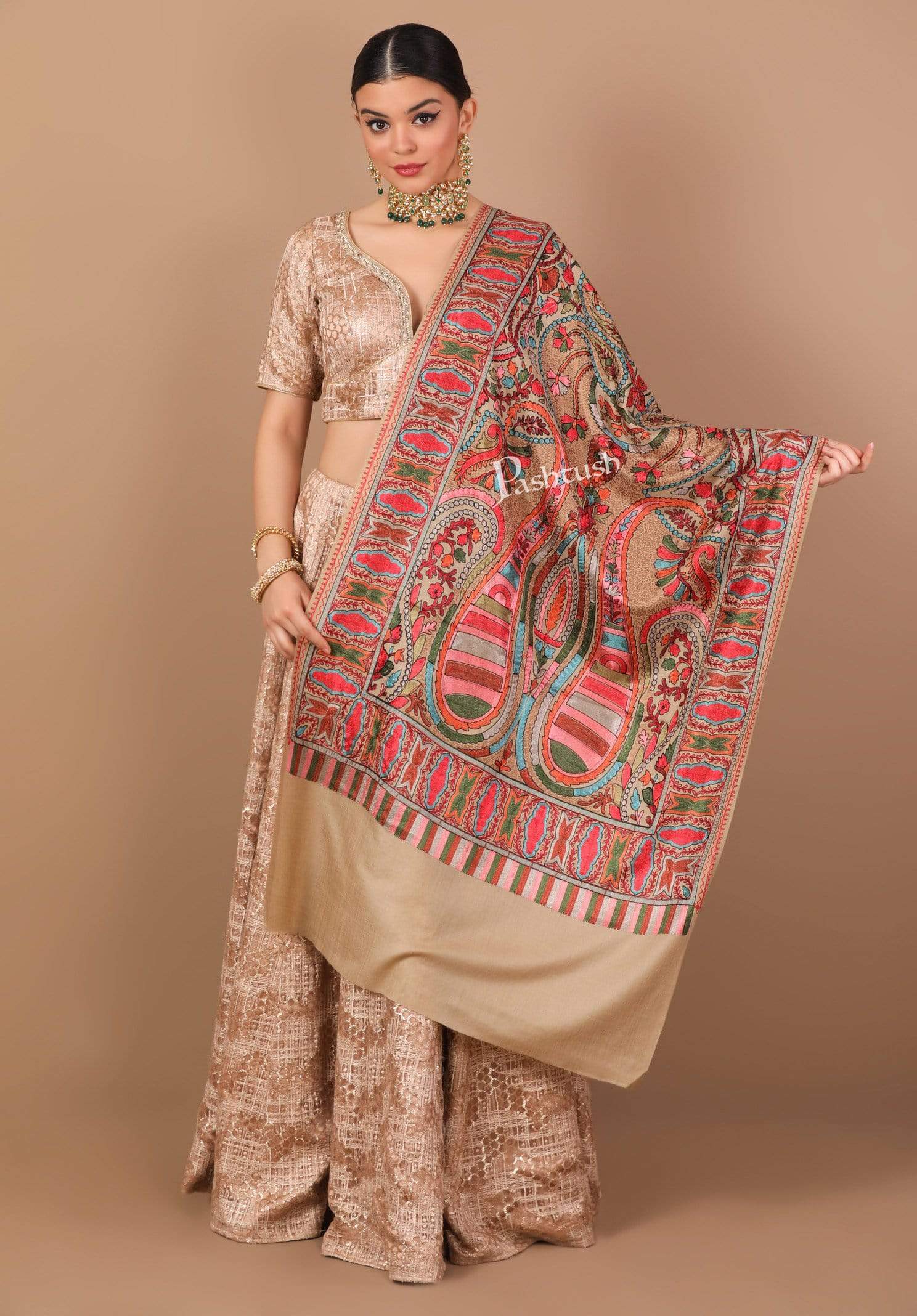 Pashtush Shawl Store Stole Pashtush Tres Chic Regal Collection, Wool Embroidery Nalki Shawl Scarf, Rich Black