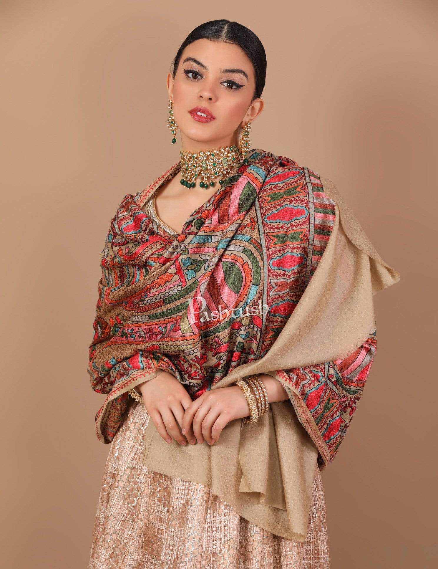 Pashtush Shawl Store Stole Pashtush Tres Chic Regal Collection, Wool Embroidery Nalki Shawl Scarf, Rich Black