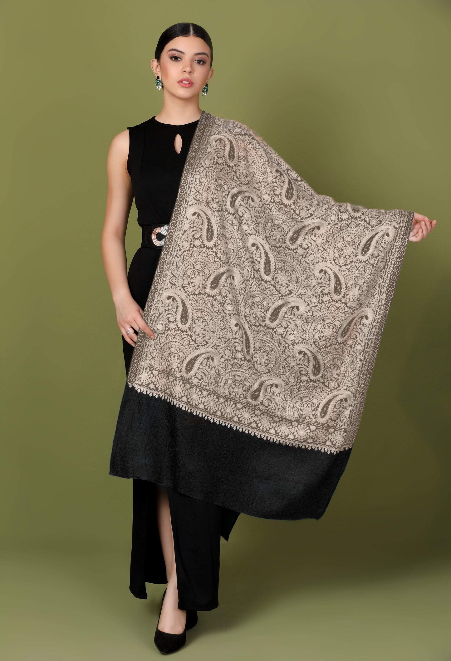 Pashtush Shawl Store Stole Pashtush Tres Chic Regal Collection, Wool Embroidery Nalki Shawl Scarf, Black