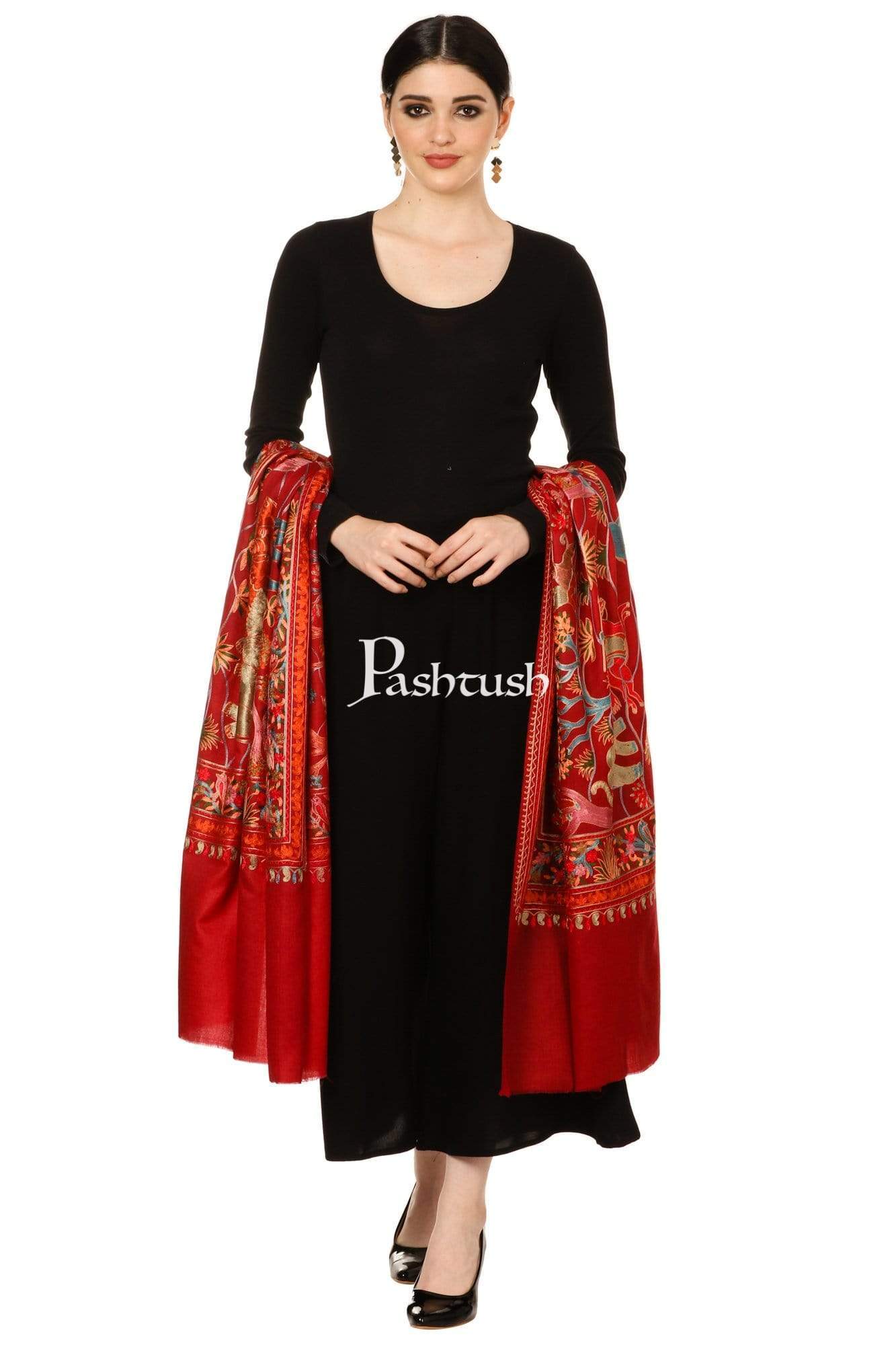 Pashtush India 70x200 Pashtush Tres Chic Regal Collection, Wool Embroidery Nalki Shawl Scarf, Crimson