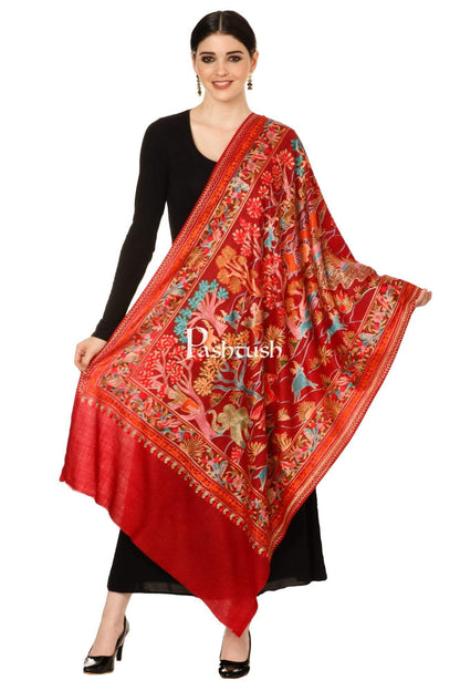 Pashtush India 70x200 Pashtush Tres Chic Regal Collection, Wool Embroidery Nalki Shawl Scarf, Crimson