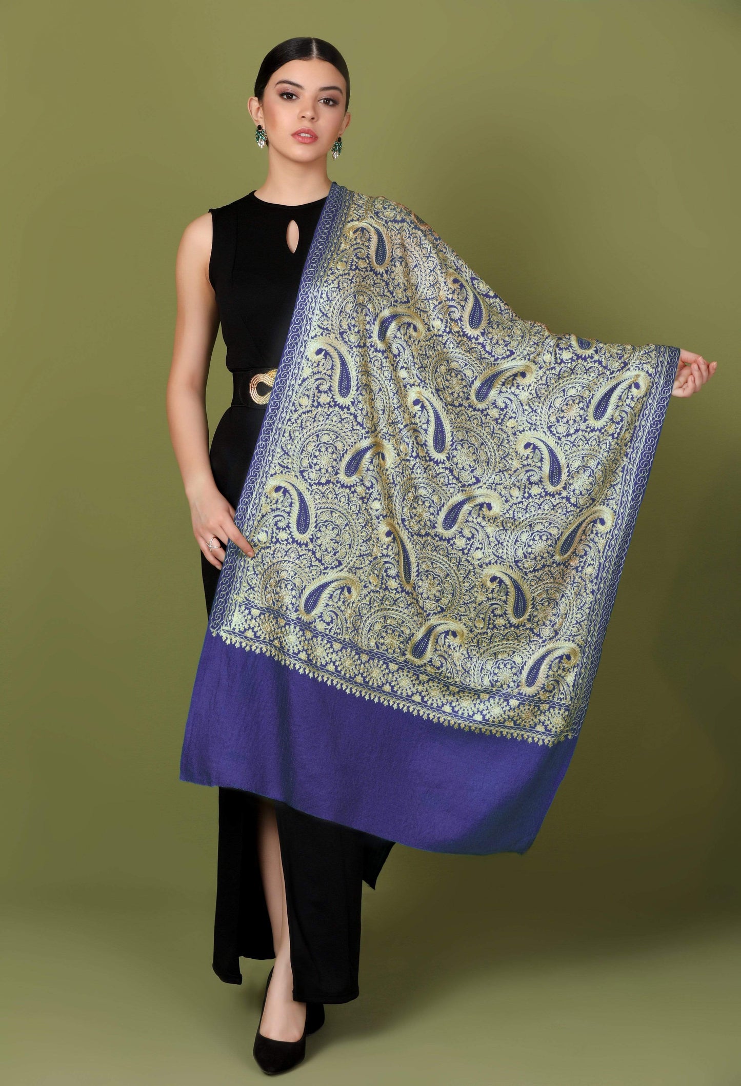 Pashtush India 70x200 Pashtush Tres Chic Regal Collection, Wool Embroidery Nalki Shawl Scarf, Deep Violet