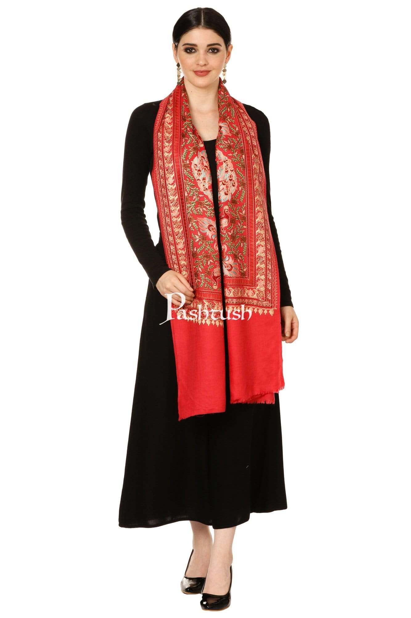 Pashtush Shawl Store Stole Pashtush Tres Chic Regal Collection, Wool Embroidery Nalki Shawl Scarf, Morning Rose