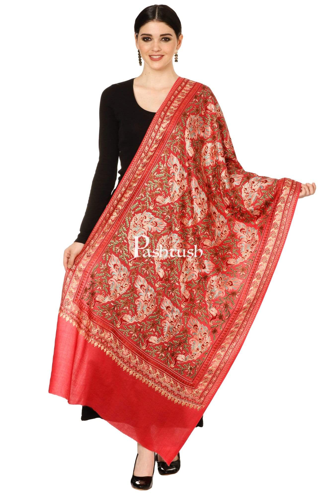 Pashtush Shawl Store Stole Pashtush Tres Chic Regal Collection, Wool Embroidery Nalki Shawl Scarf, Morning Rose