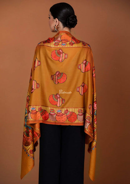 Pashtush India 70x200 Pashtush Tres Chic Regal Collection, Wool Embroidery Nalki Shawl Scarf, Mustard Yellow