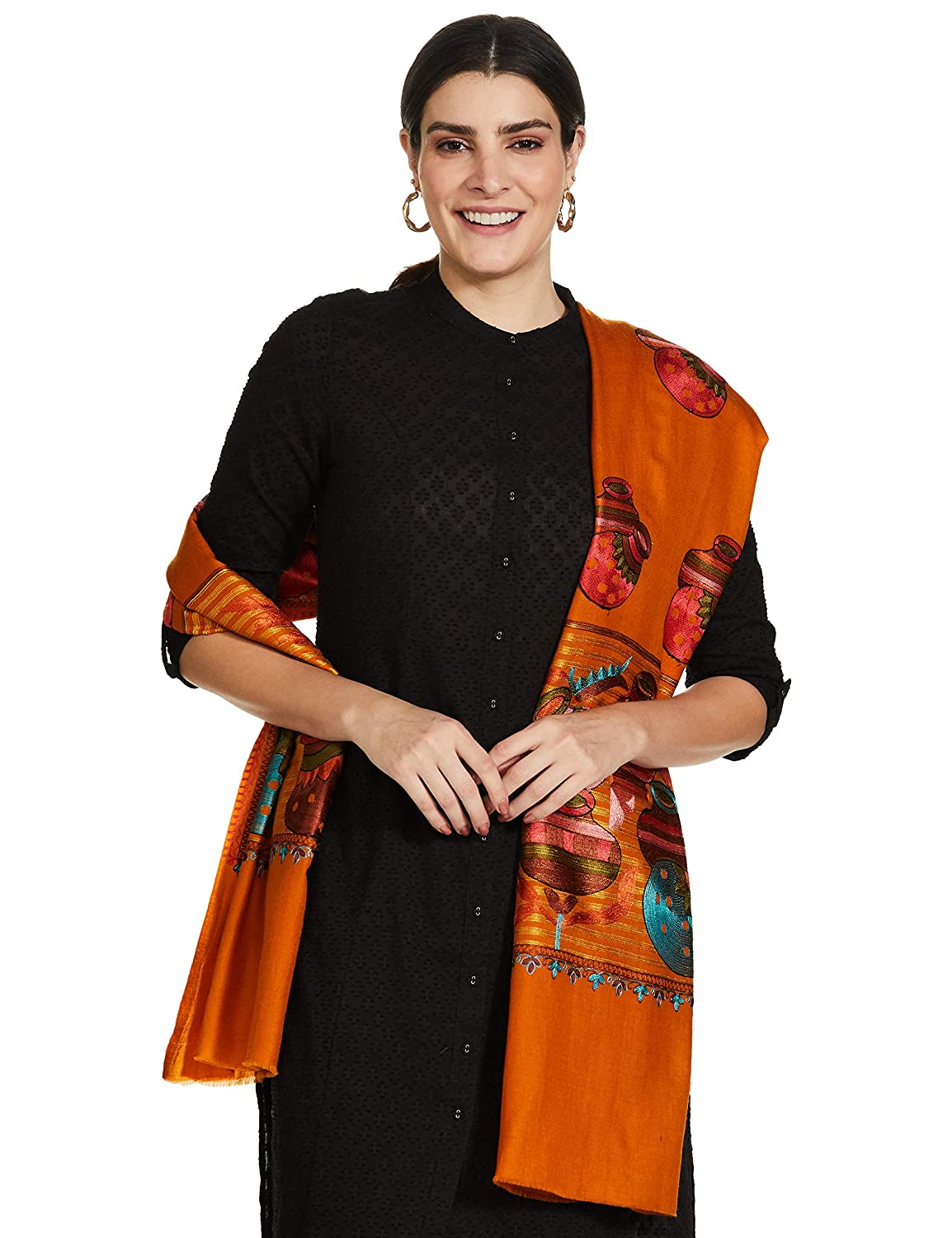 Pashtush India 70x200 Pashtush Tres Chic Regal Collection, Wool Embroidery Nalki Shawl Scarf, Mustard Yellow