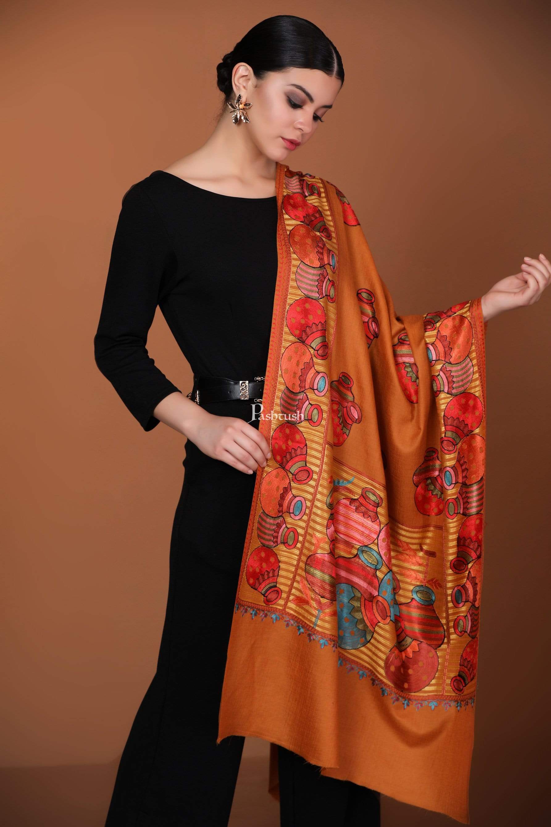 Pashtush India 70x200 Pashtush Tres Chic Regal Collection, Wool Embroidery Nalki Shawl Scarf, Mustard Yellow