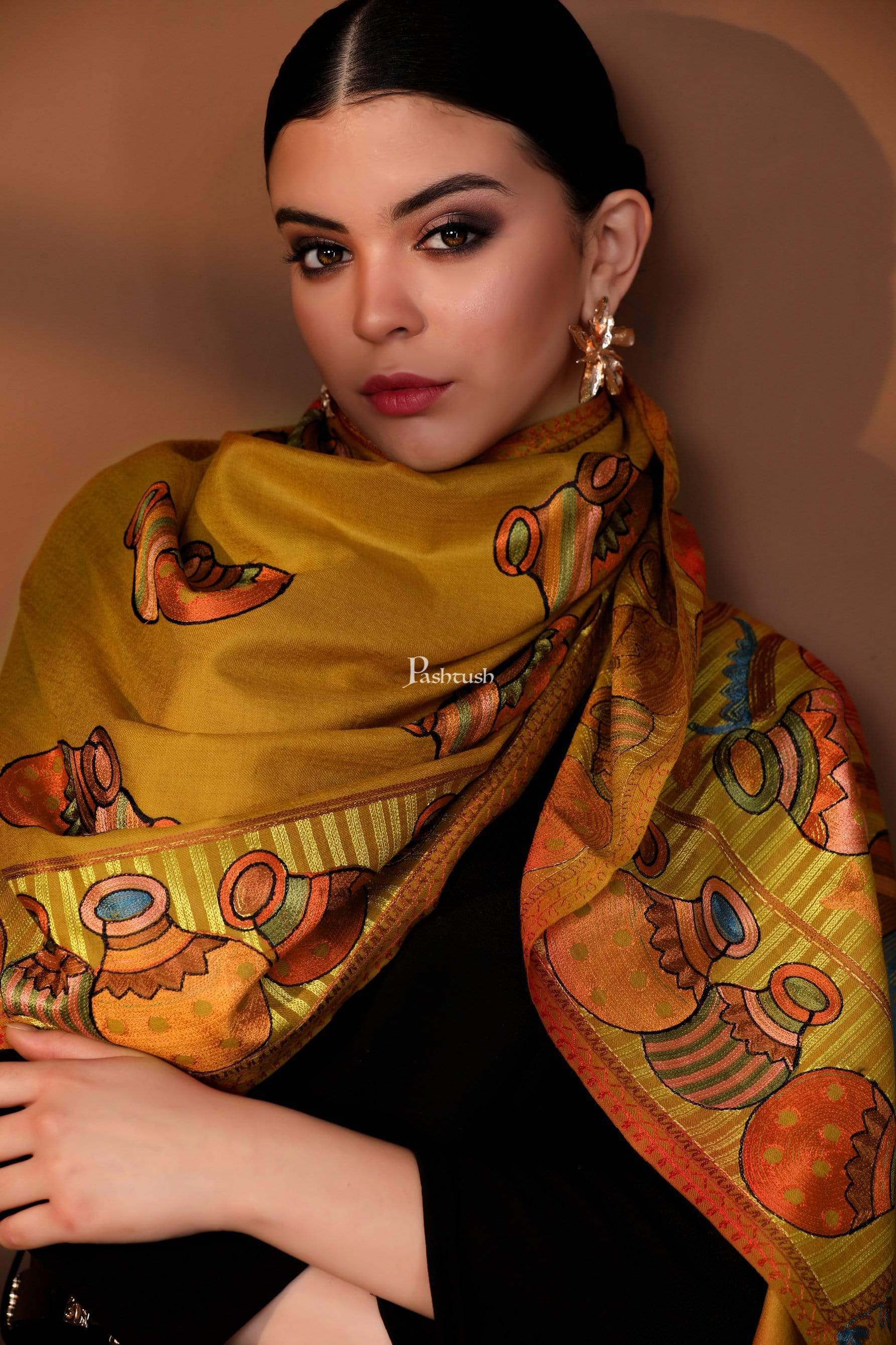 Pashtush India 70x200 Pashtush Tres Chic Regal Collection, Wool Embroidery Nalki Shawl Scarf, Mustard Yellow