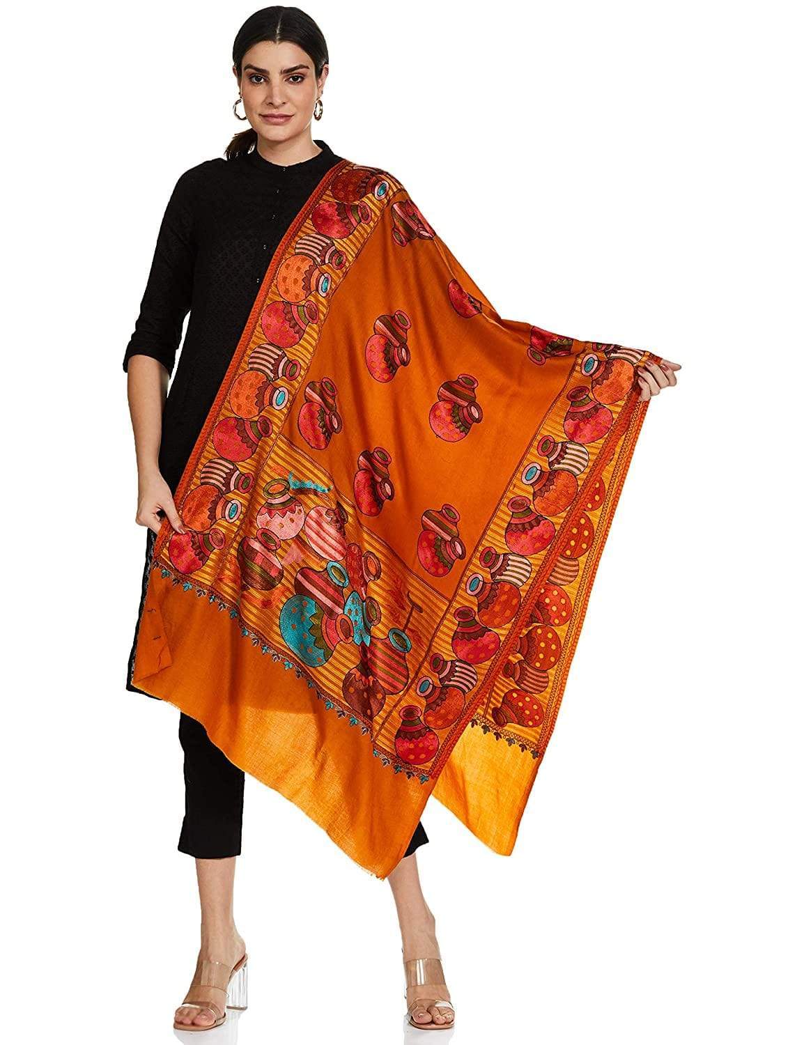 Pashtush India 70x200 Pashtush Tres Chic Regal Collection, Wool Embroidery Nalki Shawl Scarf, Mustard Yellow