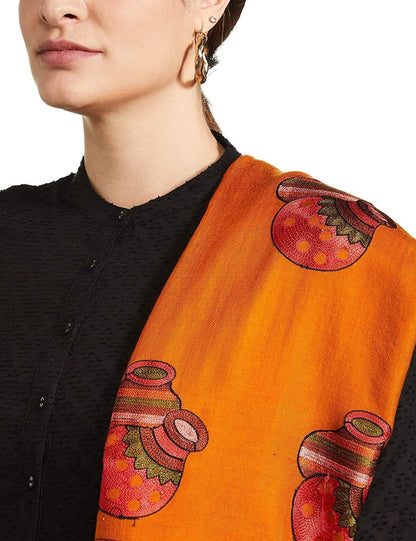 Pashtush India 70x200 Pashtush Tres Chic Regal Collection, Wool Embroidery Nalki Shawl Scarf, Mustard Yellow