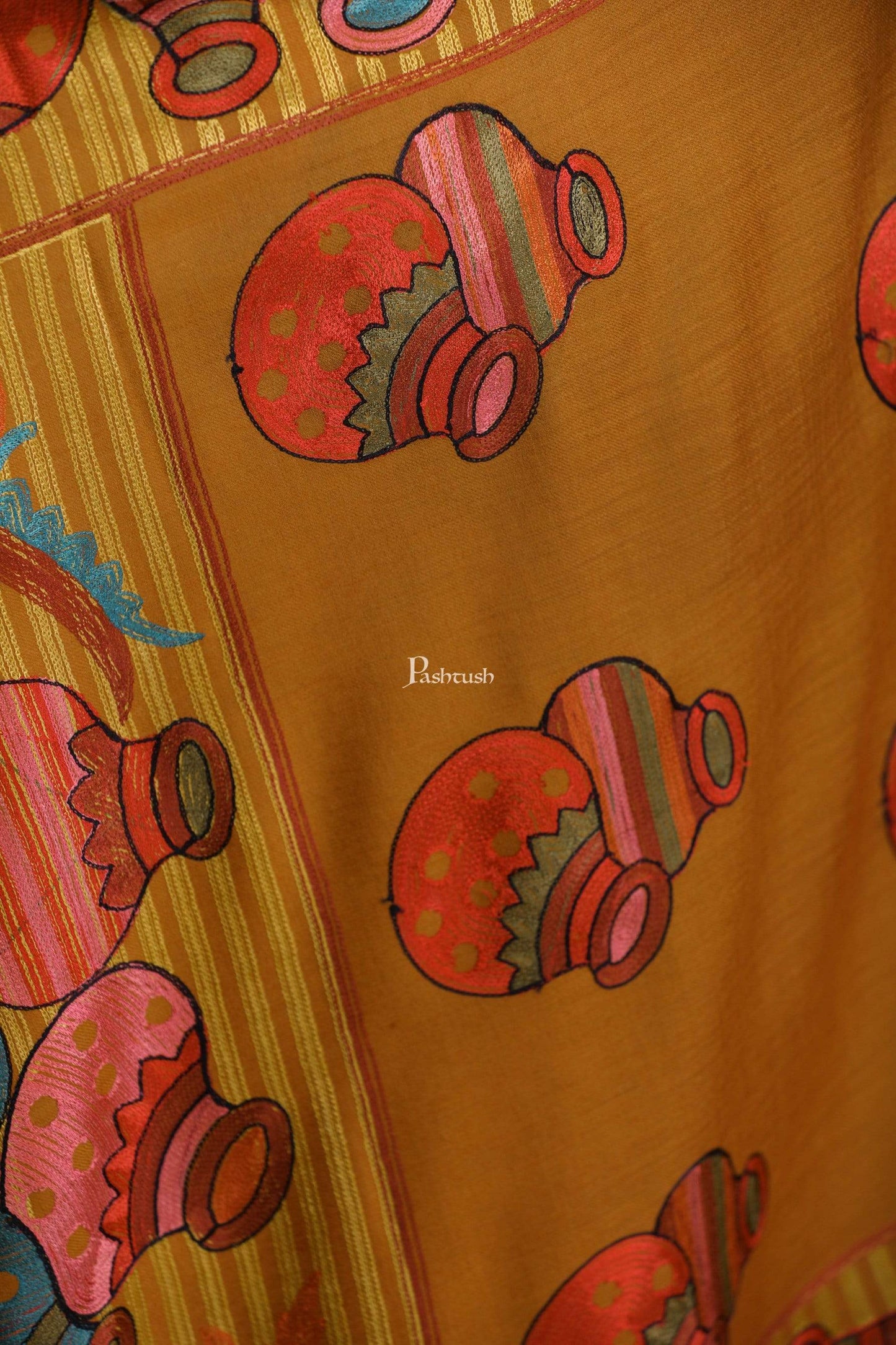 Pashtush India 70x200 Pashtush Tres Chic Regal Collection, Wool Embroidery Nalki Shawl Scarf, Mustard Yellow