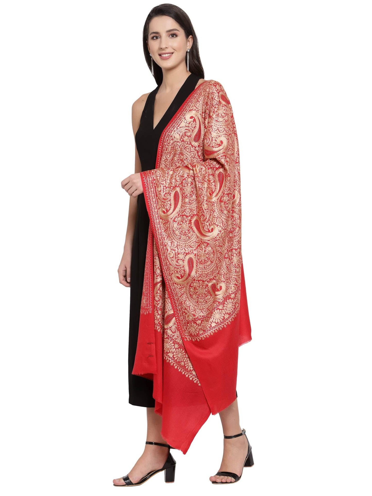 Pashtush India Womens Stoles and Scarves Scarf Pashtush Tres Chic Regal Collection, Wool Embroidery Nalki Shawl Scarf, Red