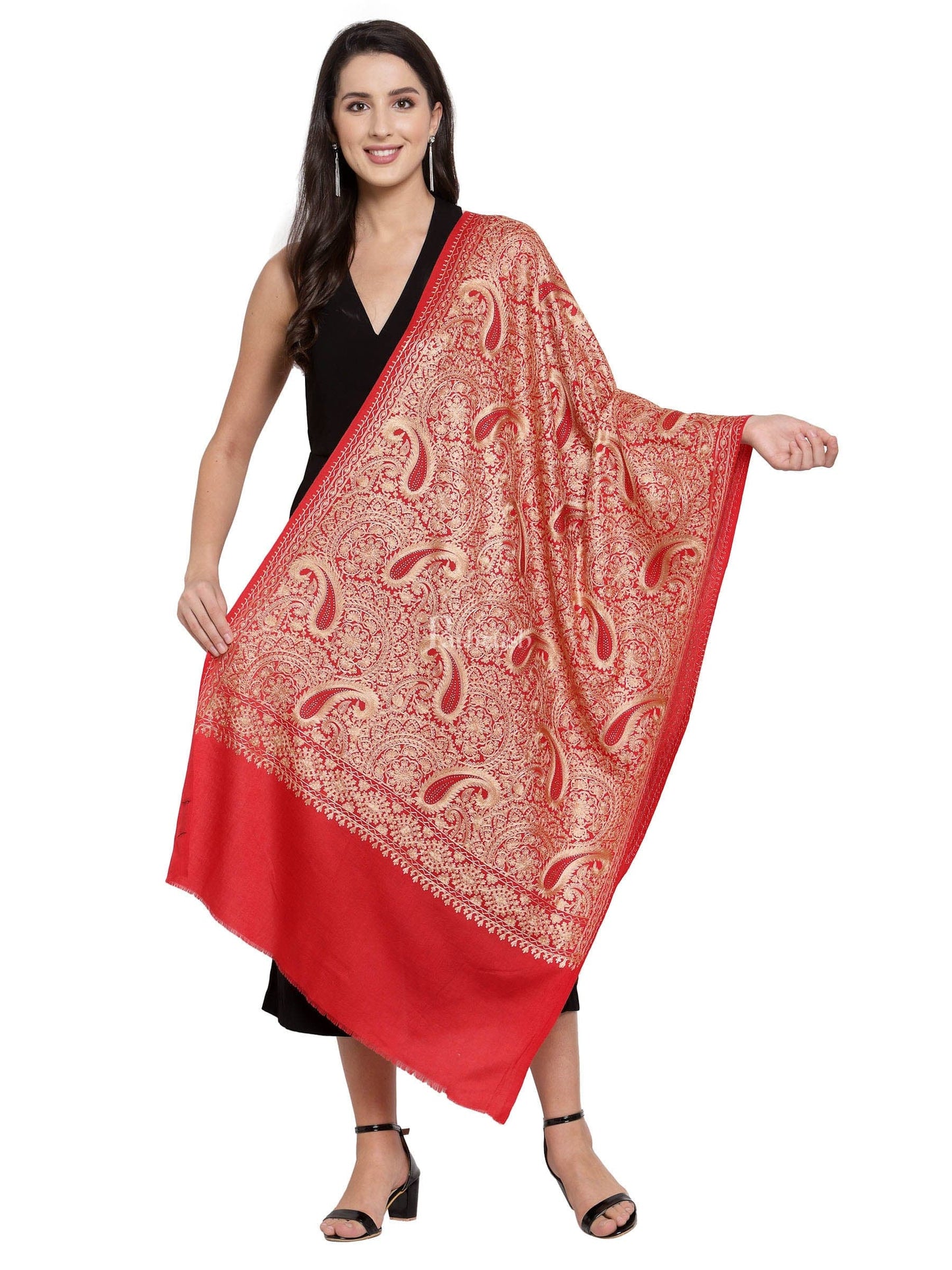 Pashtush India Womens Stoles and Scarves Scarf Pashtush Tres Chic Regal Collection, Wool Embroidery Nalki Shawl Scarf, Red