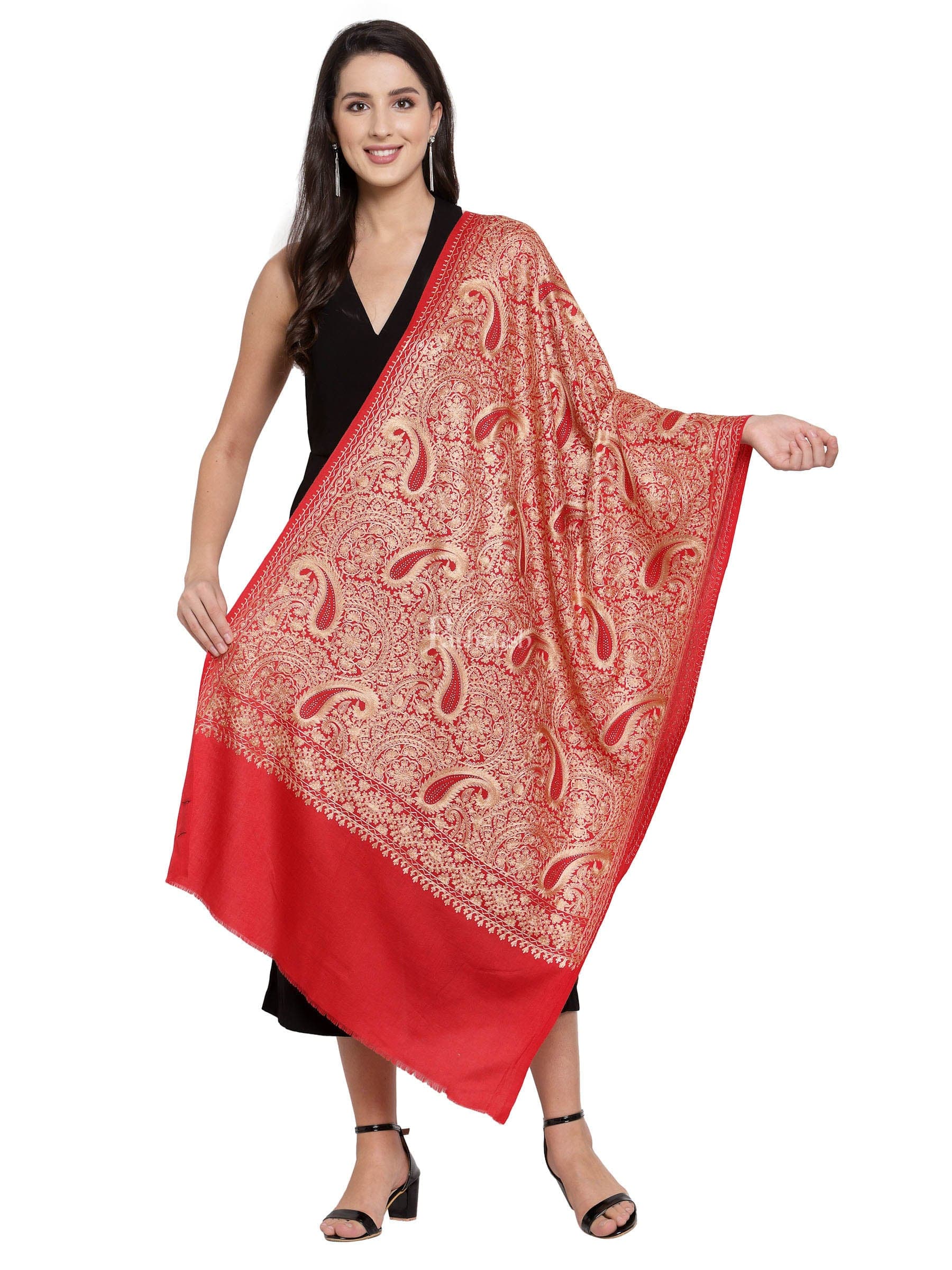 Pashtush India Womens Stoles and Scarves Scarf Pashtush Tres Chic Regal Collection, Wool Embroidery Nalki Shawl Scarf, Red
