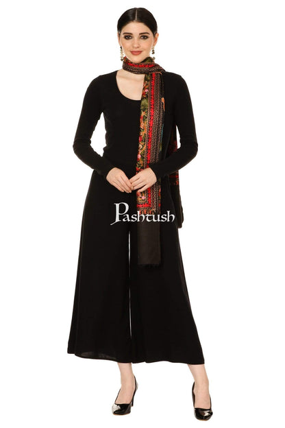 Pashtush Shawl Store Stole Pashtush Tres Chic Regal Collection, Wool Embroidery Nalki Shawl Scarf, Rich Black