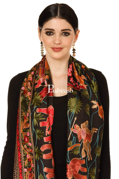 Pashtush Shawl Store Stole Pashtush Tres Chic Regal Collection, Wool Embroidery Nalki Shawl Scarf, Rich Black