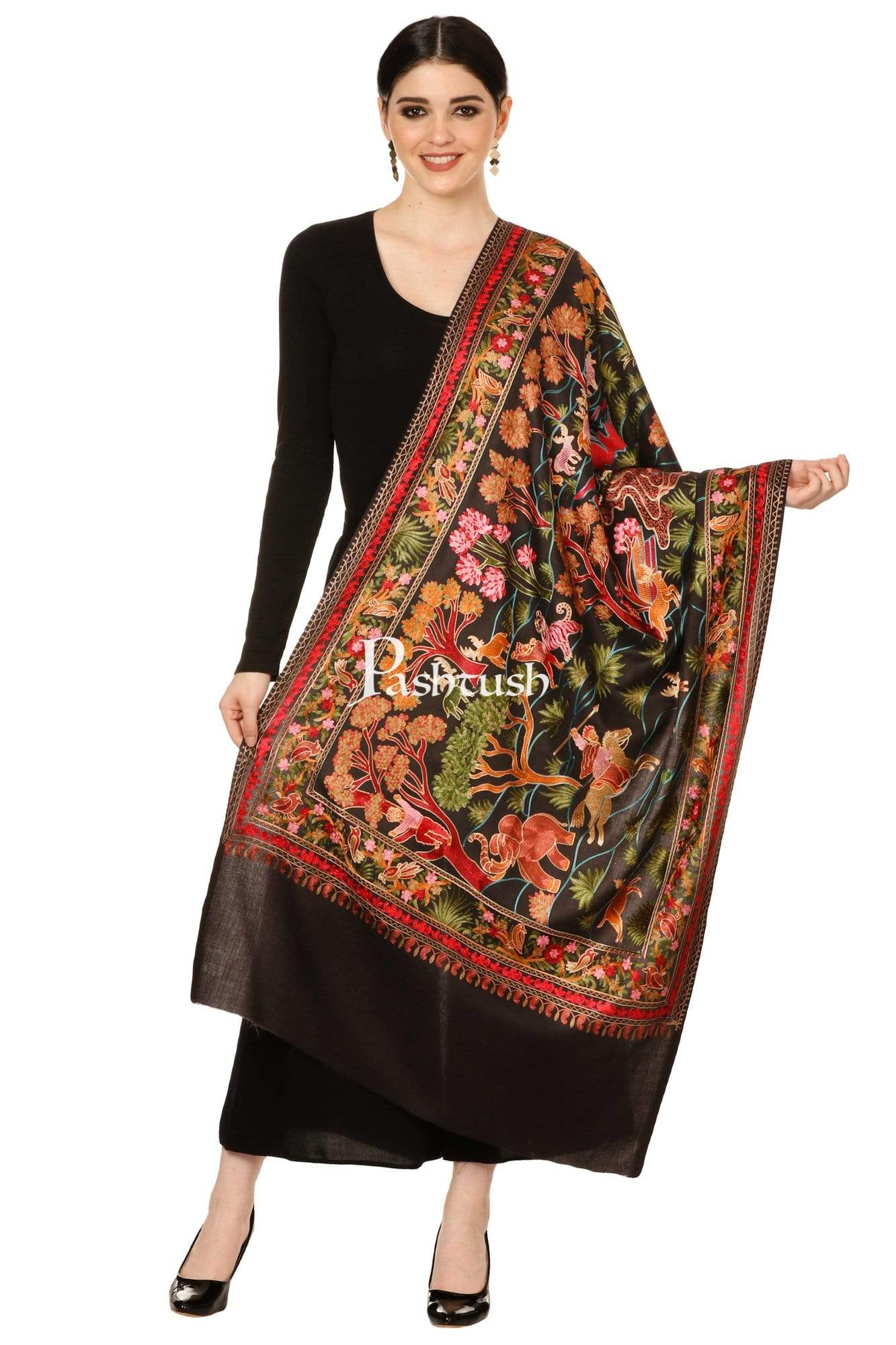 Pashtush Shawl Store Stole Pashtush Tres Chic Regal Collection, Wool Embroidery Nalki Shawl Scarf, Rich Black