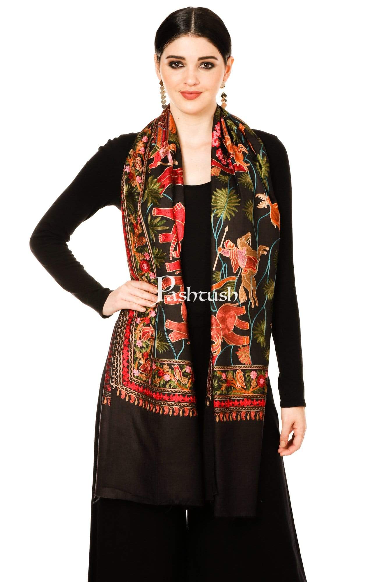 Pashtush Shawl Store Stole Pashtush Tres Chic Regal Collection, Wool Embroidery Nalki Shawl Scarf, Rich Black