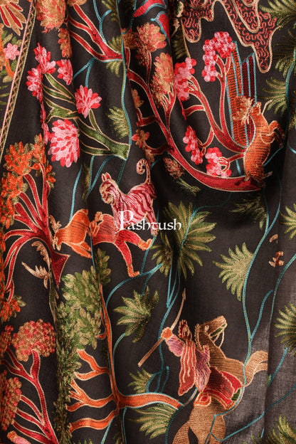 Pashtush Shawl Store Stole Pashtush Tres Chic Regal Collection, Wool Embroidery Nalki Shawl Scarf, Rich Black