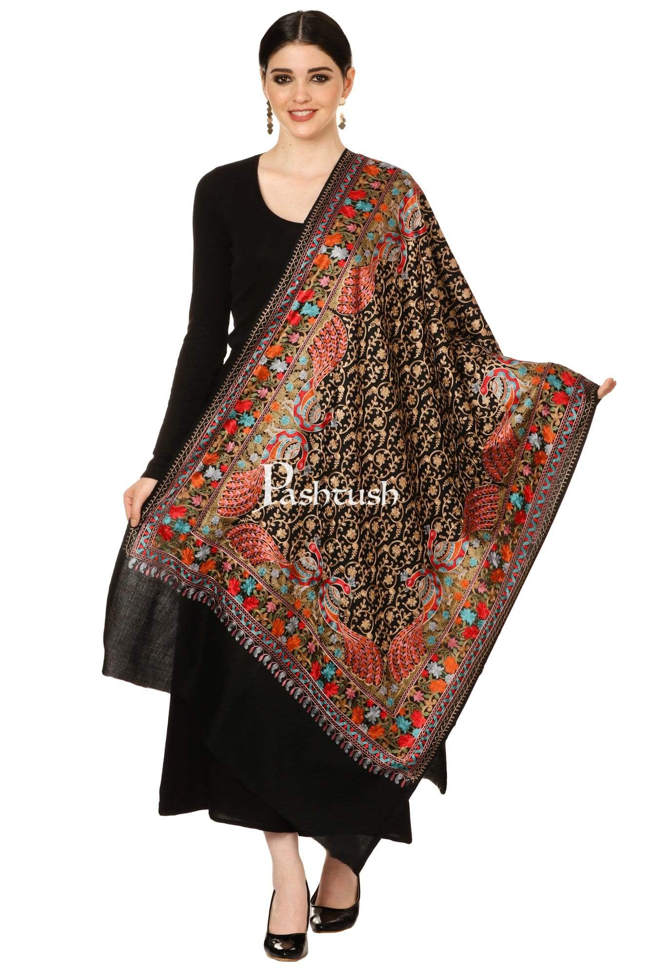Pashtush Shawl Store Stole Pashtush Tres Chic Regal Collection, Wool Embroidery Nalki Shawl Scarf, Rich Black