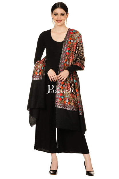 Pashtush Shawl Store Stole Pashtush Tres Chic Regal Collection, Wool Embroidery Nalki Shawl Scarf, Rich Black