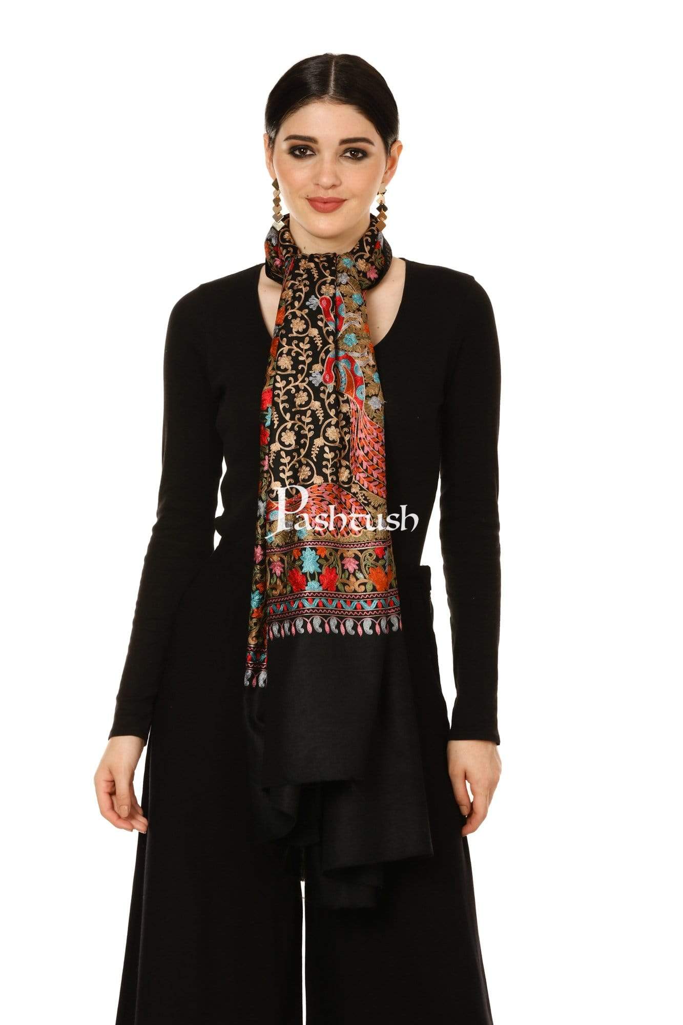 Pashtush Shawl Store Stole Pashtush Tres Chic Regal Collection, Wool Embroidery Nalki Shawl Scarf, Rich Black