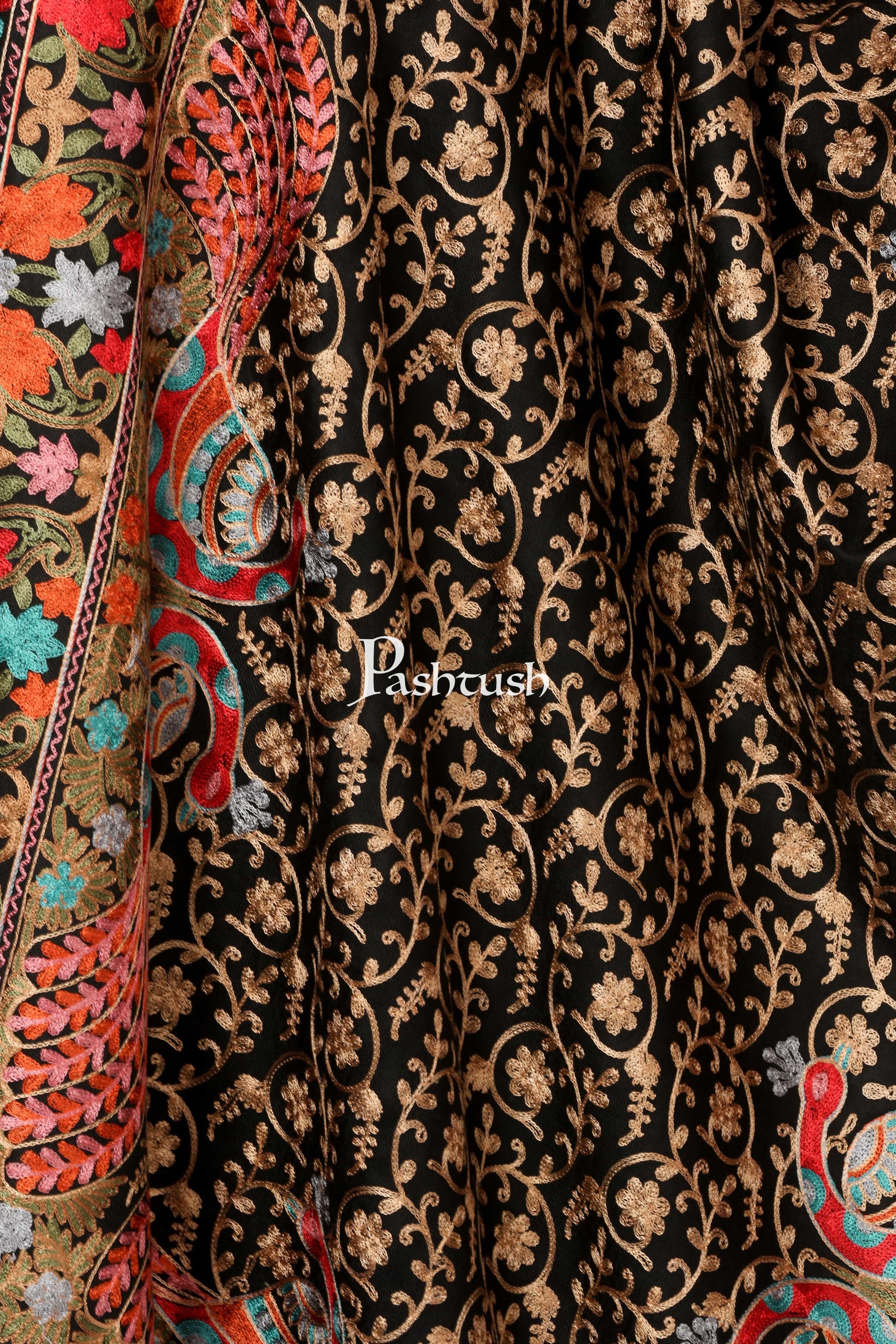 Pashtush Shawl Store Stole Pashtush Tres Chic Regal Collection, Wool Embroidery Nalki Shawl Scarf, Rich Black