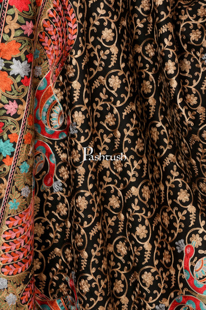 Pashtush Shawl Store Stole Pashtush Tres Chic Regal Collection, Wool Embroidery Nalki Shawl Scarf, Rich Black