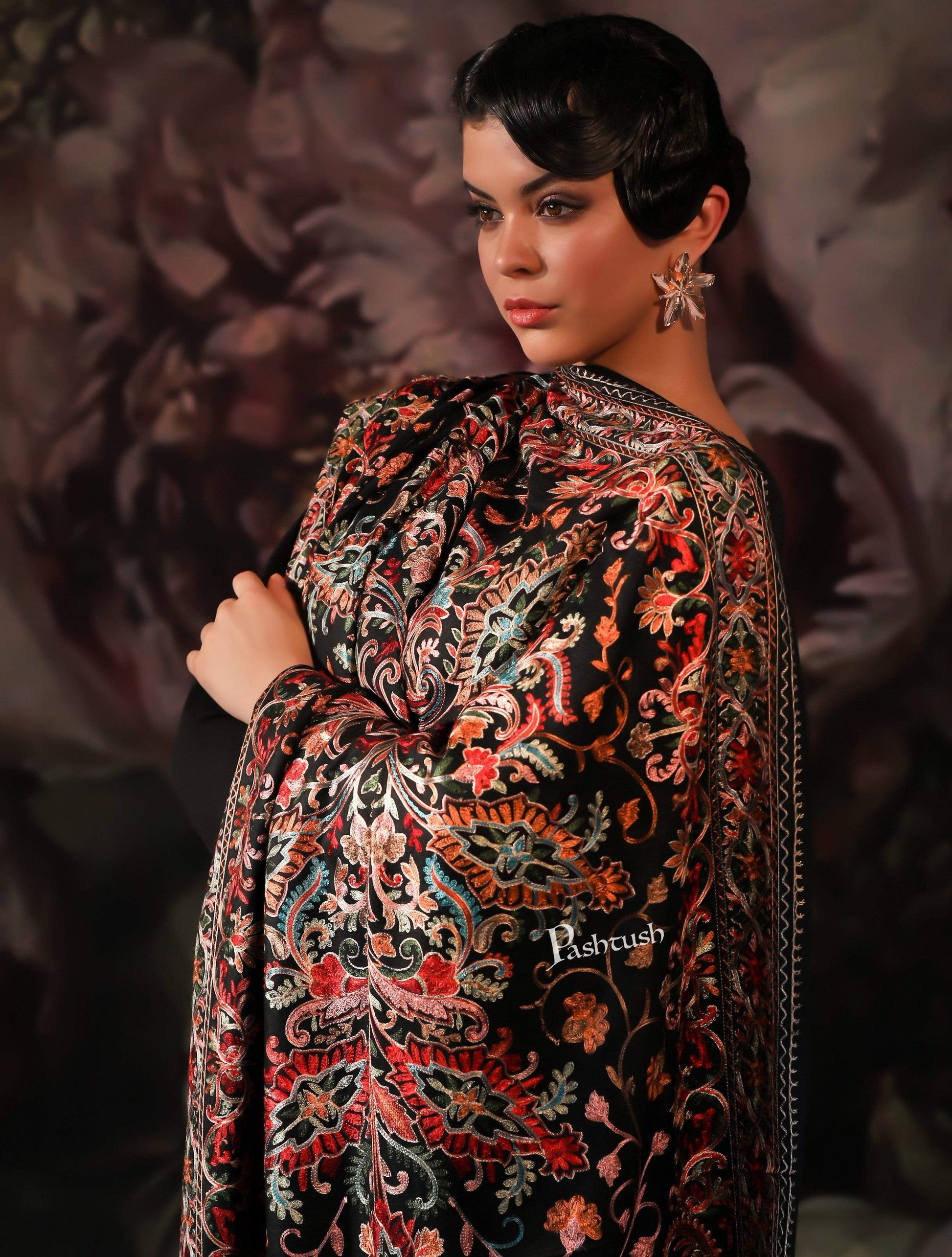 Pashtush India 70x200 Pashtush Tres Chic Regal Collection, Wool Embroidery Nalki Shawl Scarf, Rich Black