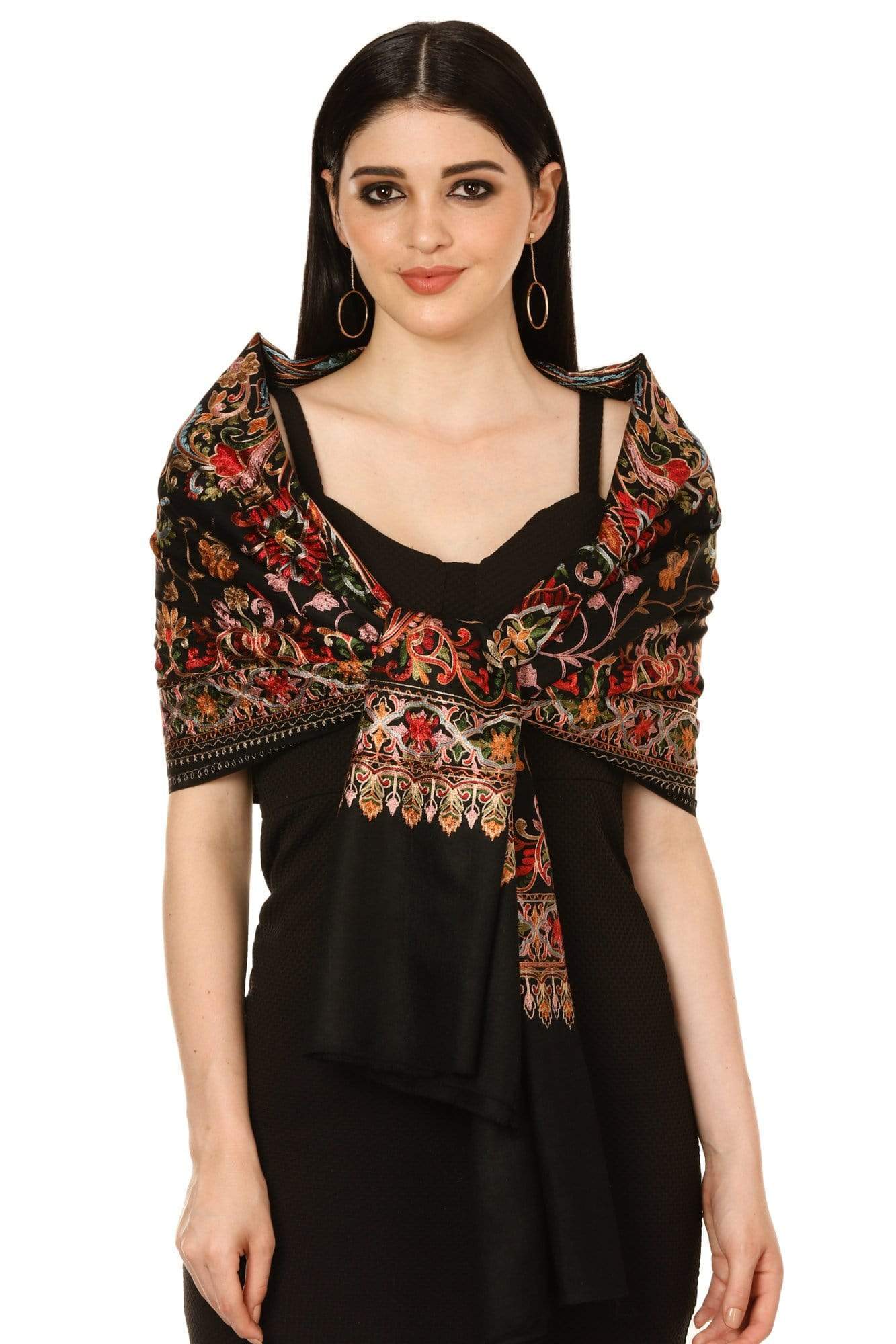 Pashtush India 70x200 Pashtush Tres Chic Regal Collection, Wool Embroidery Nalki Shawl Scarf, Rich Black