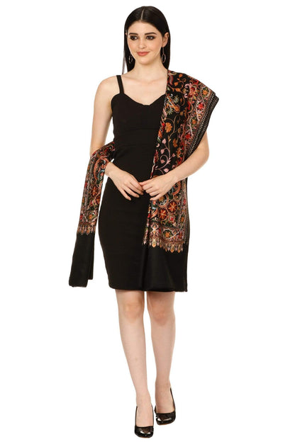 Pashtush India 70x200 Pashtush Tres Chic Regal Collection, Wool Embroidery Nalki Shawl Scarf, Rich Black