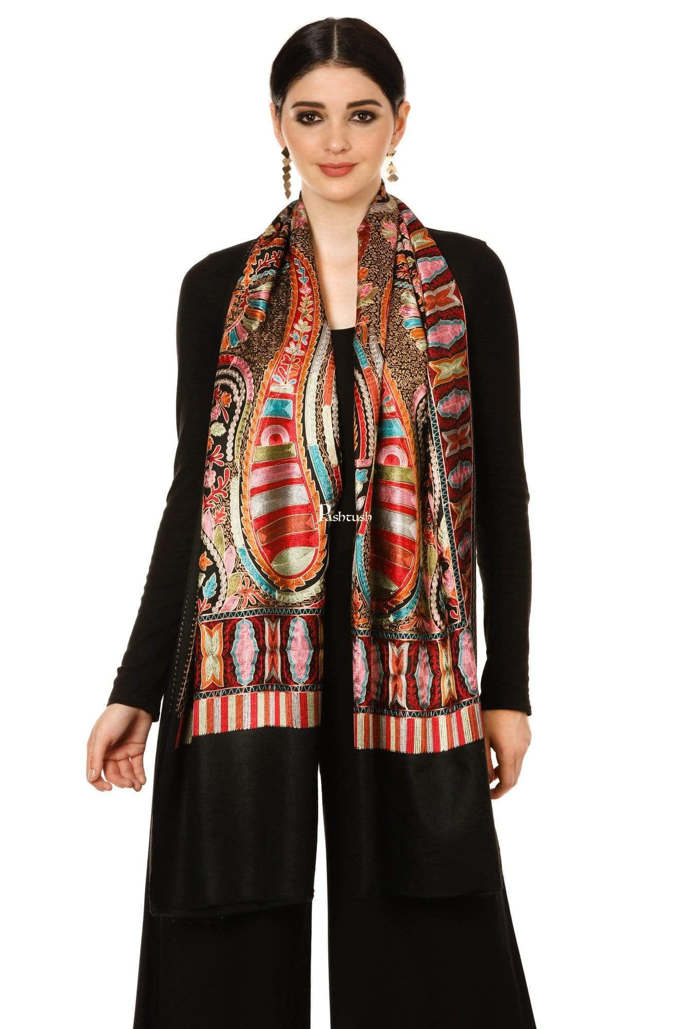 Pashtush India 70x200 Pashtush Tres Chic Regal Collection, Wool Embroidery Nalki Shawl Scarf, Rich Black