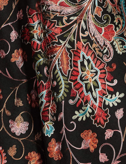 Pashtush India 70x200 Pashtush Tres Chic Regal Collection, Wool Embroidery Nalki Shawl Scarf, Rich Black