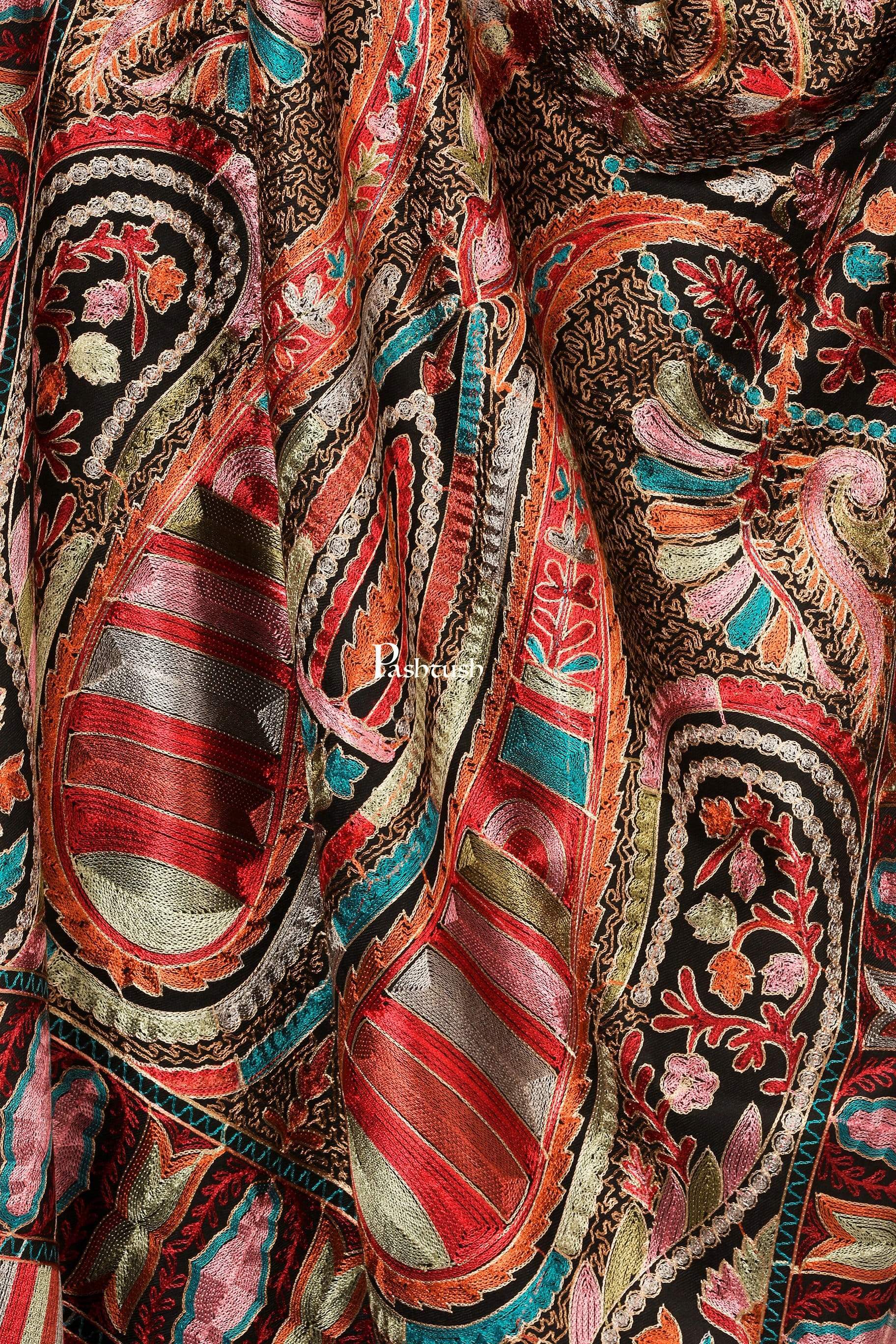 Pashtush India 70x200 Pashtush Tres Chic Regal Collection, Wool Embroidery Nalki Shawl Scarf, Rich Black