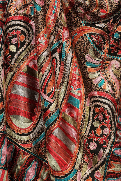 Pashtush India 70x200 Pashtush Tres Chic Regal Collection, Wool Embroidery Nalki Shawl Scarf, Rich Black