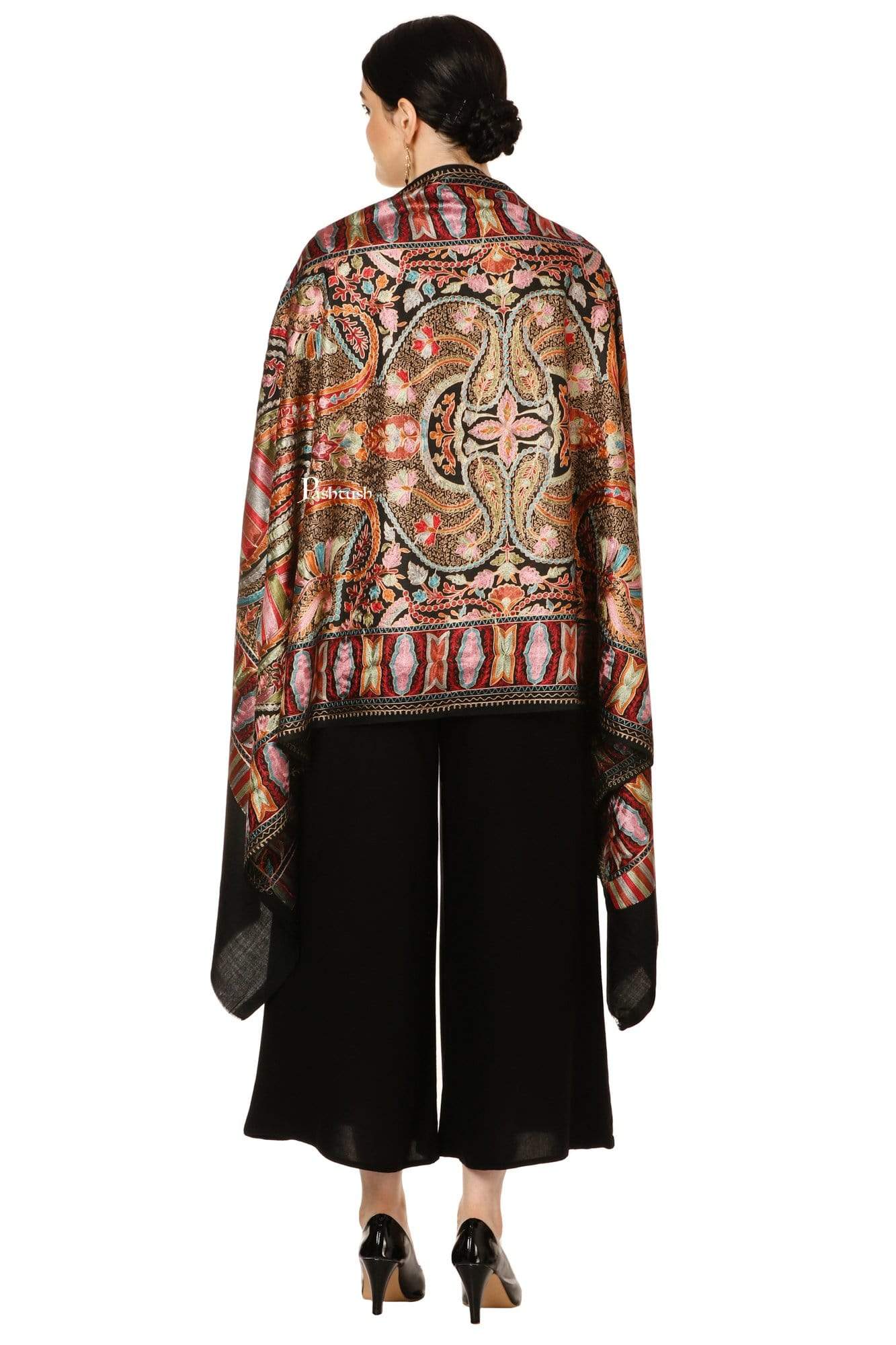 Pashtush India 70x200 Pashtush Tres Chic Regal Collection, Wool Embroidery Nalki Shawl Scarf, Rich Black