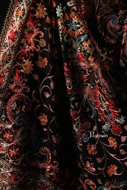 Pashtush India 70x200 Pashtush Tres Chic Regal Collection, Wool Embroidery Nalki Shawl Scarf, Rich Black