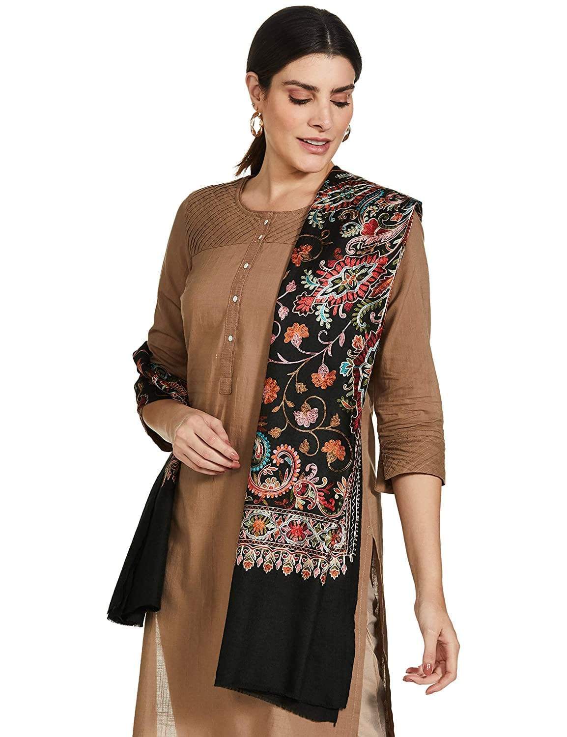 Pashtush India 70x200 Pashtush Tres Chic Regal Collection, Wool Embroidery Nalki Shawl Scarf, Rich Black