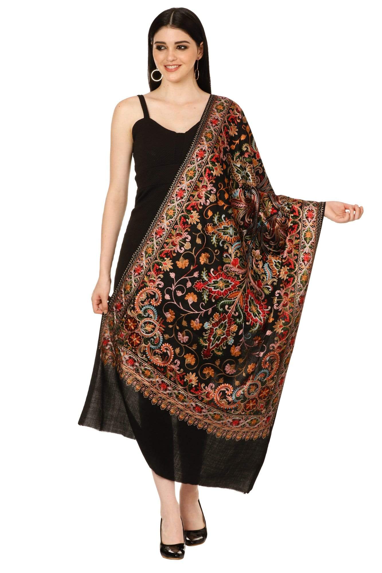 Pashtush India 70x200 Pashtush Tres Chic Regal Collection, Wool Embroidery Nalki Shawl Scarf, Rich Black