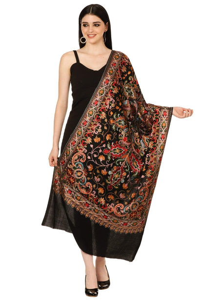 Pashtush India 70x200 Pashtush Tres Chic Regal Collection, Wool Embroidery Nalki Shawl Scarf, Rich Black