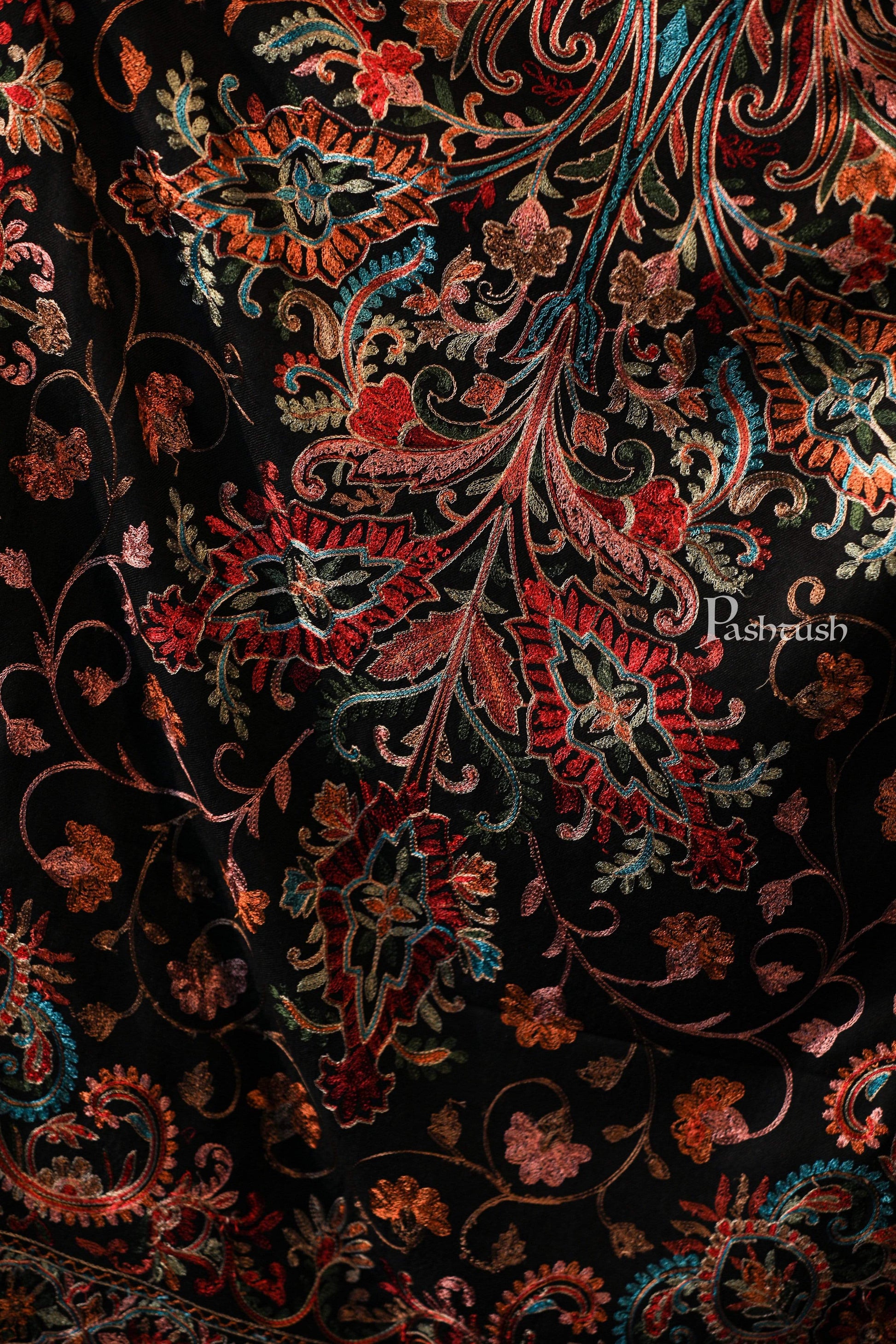 Pashtush India 70x200 Pashtush Tres Chic Regal Collection, Wool Embroidery Nalki Shawl Scarf, Rich Black