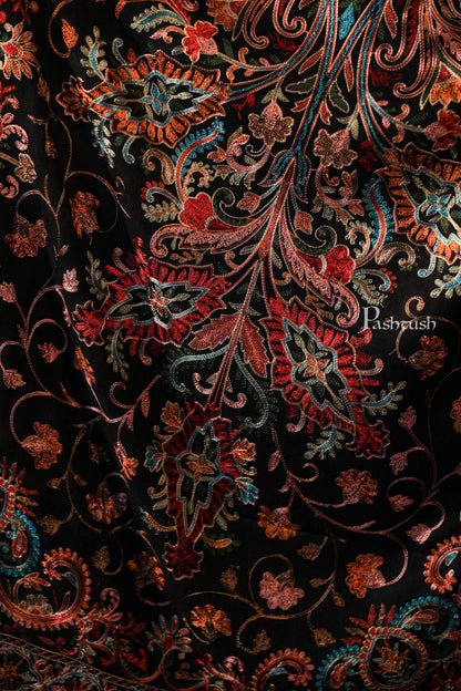Pashtush India 70x200 Pashtush Tres Chic Regal Collection, Wool Embroidery Nalki Shawl Scarf, Rich Black