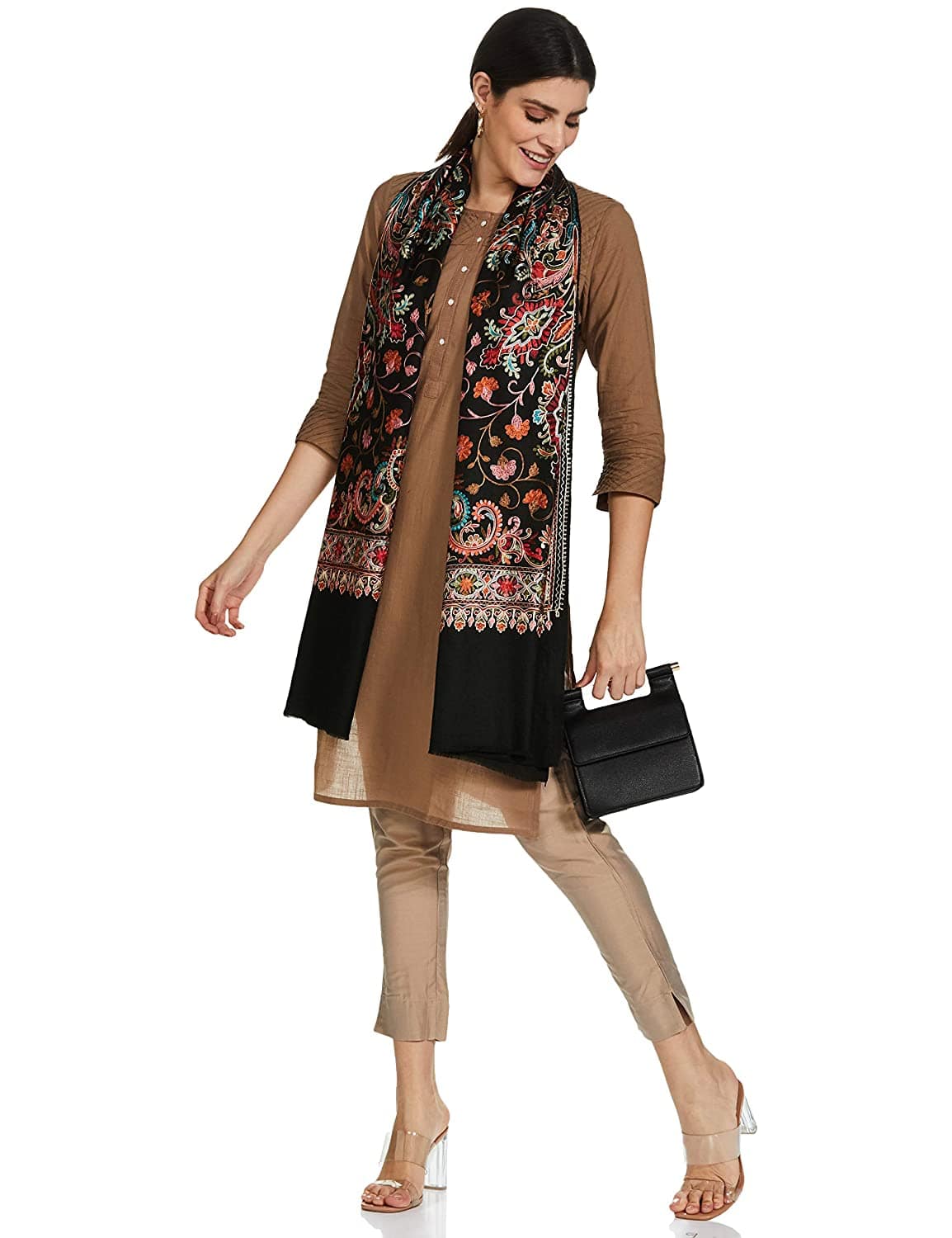 Pashtush India 70x200 Pashtush Tres Chic Regal Collection, Wool Embroidery Nalki Shawl Scarf, Rich Black