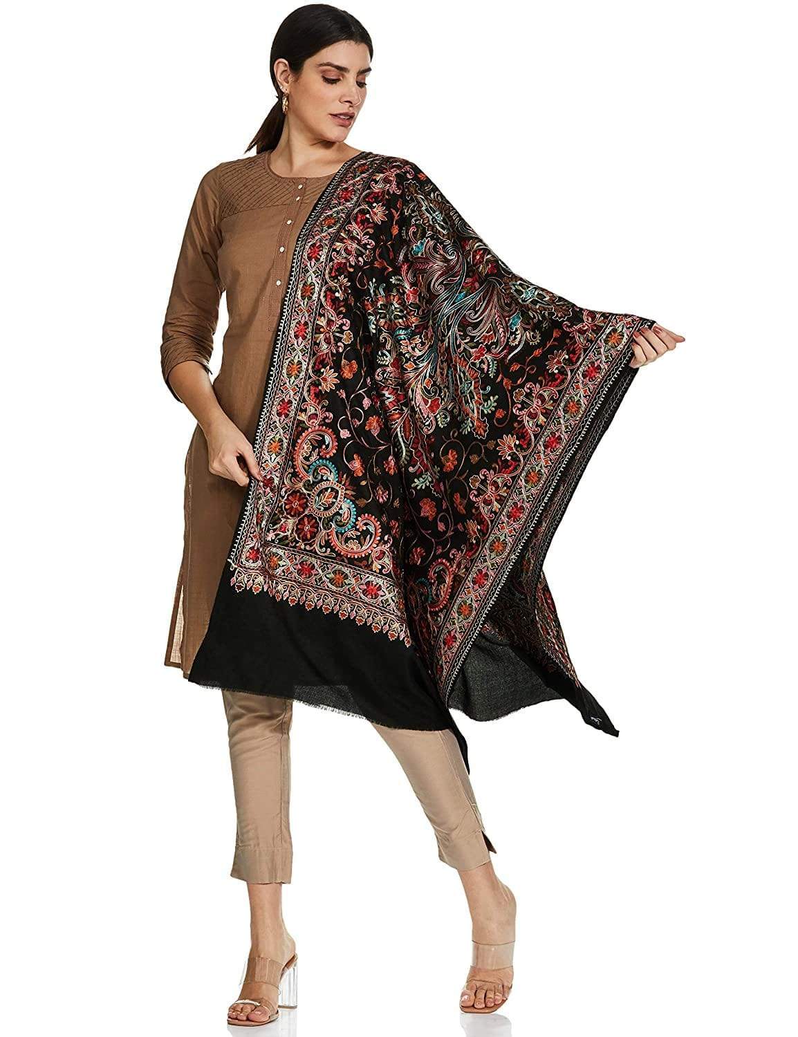 Pashtush India 70x200 Pashtush Tres Chic Regal Collection, Wool Embroidery Nalki Shawl Scarf, Rich Black