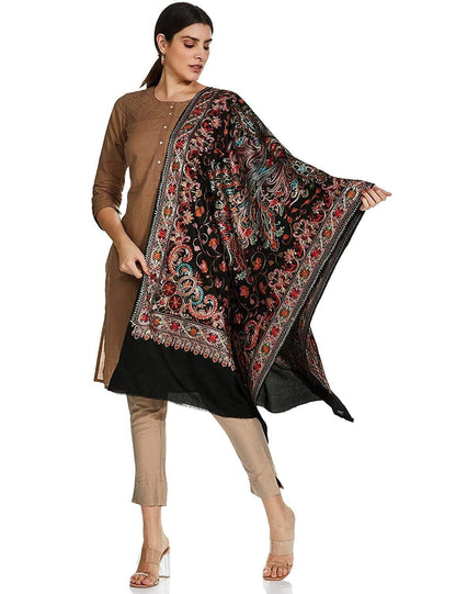 Pashtush India 70x200 Pashtush Tres Chic Regal Collection, Wool Embroidery Nalki Shawl Scarf, Rich Black