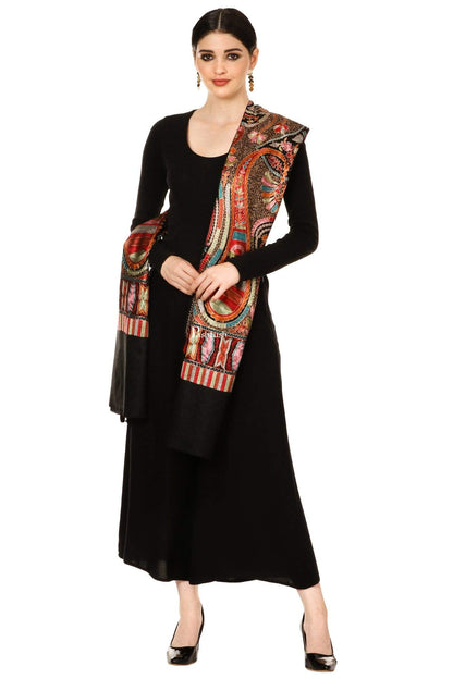 Pashtush India 70x200 Pashtush Tres Chic Regal Collection, Wool Embroidery Nalki Shawl Scarf, Rich Black
