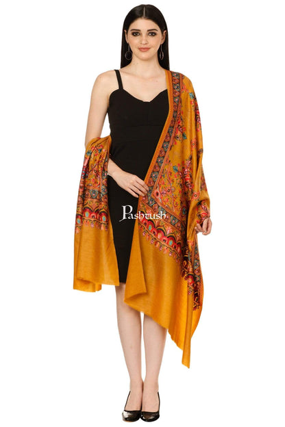 Pashtush Shawl Store Stole Pashtush Tres Chic Regal Collection, Wool Embroidery Nalki Shawl Scarf, Rich Mustard