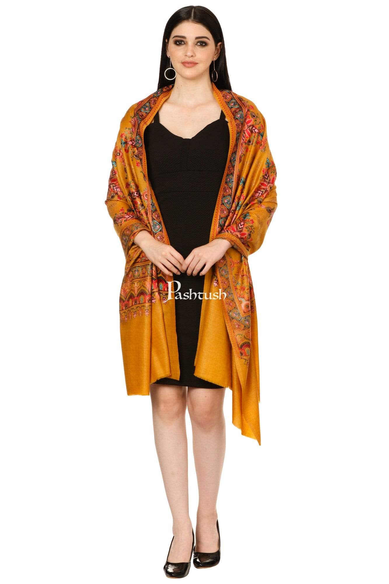 Pashtush Shawl Store Stole Pashtush Tres Chic Regal Collection, Wool Embroidery Nalki Shawl Scarf, Rich Mustard
