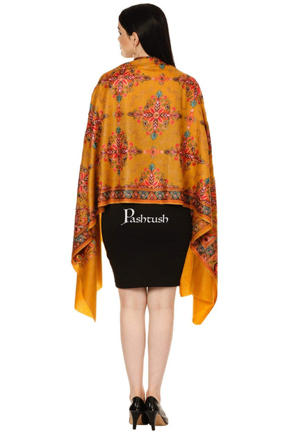 Pashtush Shawl Store Stole Pashtush Tres Chic Regal Collection, Wool Embroidery Nalki Shawl Scarf, Rich Mustard